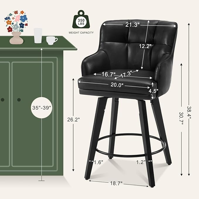 360°Swivel Counter Height Bar Stools with Back, 26 inch Solid Wood Legs, Bar Stool Modern Kitchen Island Chairs, Faux Leather (Black- Faux Leather, 26" H- Set of 1)