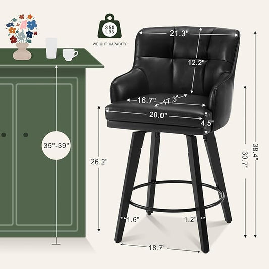 360°Swivel Counter Height Bar Stools with Back, 26 inch Solid Wood Legs, Bar Stool Modern Kitchen Island Chairs, Faux Leather (Black- Faux Leather, 26" H- Set of 4)