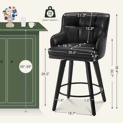 360°Swivel Counter Height Bar Stools with Back, 26 inch Solid Wood Legs, Bar Stool Modern Kitchen Island Chairs, Faux Leather (Black- Faux Leather, 26" H- Set of 2)