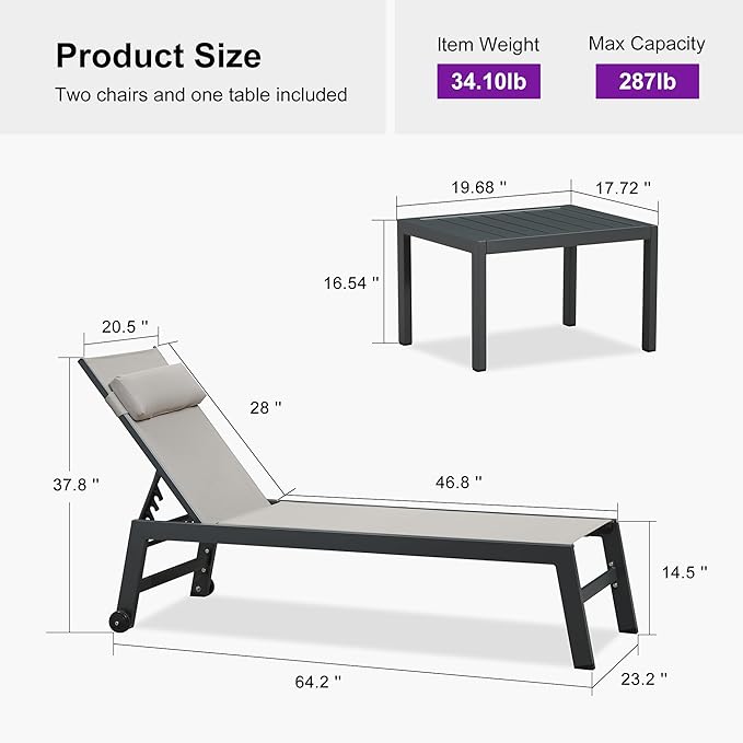 PURPLE LEAF Outdoor Lounge Chair Set of 3 Patio Chaise Pool Lounger Aluminum Frame with Side Table and Wheels for Outside Sunbathing Tanning Recliner Including Pillows Beige