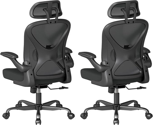 ZZH Ergonomic Office Chair Set of 2 with Adjustable Lumbar Support and Headrest, Mesh Home Office Desk Chair with Wheels and Flip-up Arms, Black