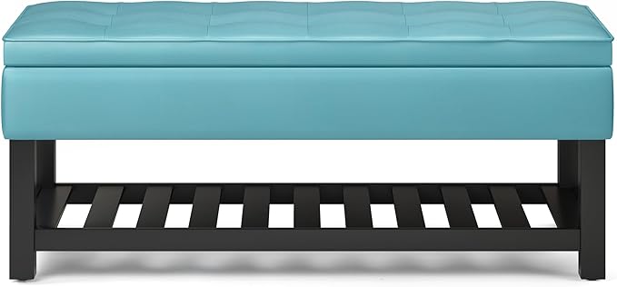 SIMPLIHOME Cosmopolitan 44 inch Wide Transitional Rectangle Storage Ottoman Bench with Open Bottom in Soft Blue Vegan Faux Leather, Assembled for the Living Room and Bedroom