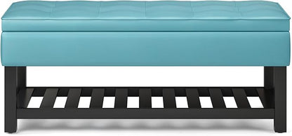 SIMPLIHOME Cosmopolitan 44 inch Wide Transitional Rectangle Storage Ottoman Bench with Open Bottom in Soft Blue Vegan Faux Leather, Assembled for the Living Room and Bedroom