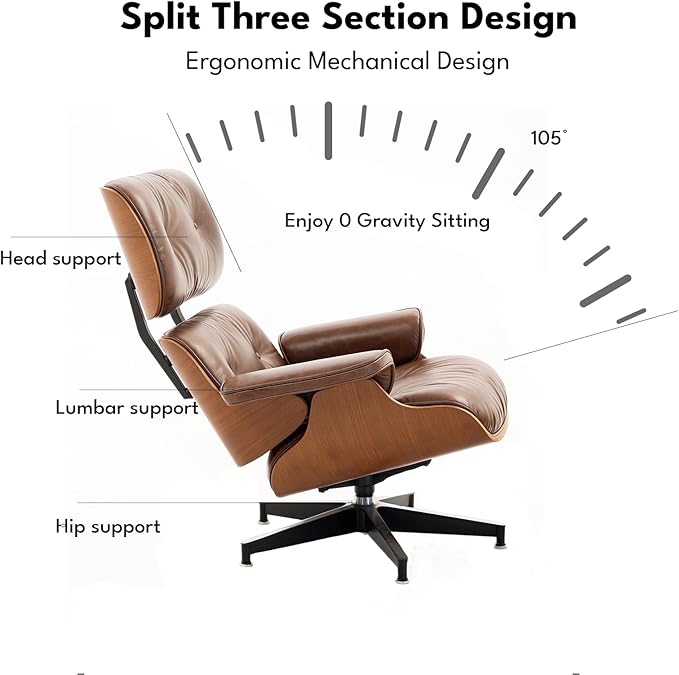 Top Grain Leather, Mid Century Chaise Lounge Chair and Ottoman, Reading Chair, Leather Accent Chair, Modern Chair, Classic Design, for Living Room Lounge Office,Retro Aged Leather, Walnut