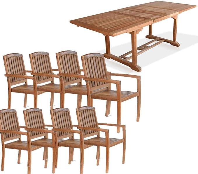 Grade-A Teak Outdoor Dining Set-95"X40" 9 Pieces | Rectangle Double Extension Table & 8 Java Arm Chairs | Wooden Outdoor Seating for Garden Fine Sanded, Natural Finish