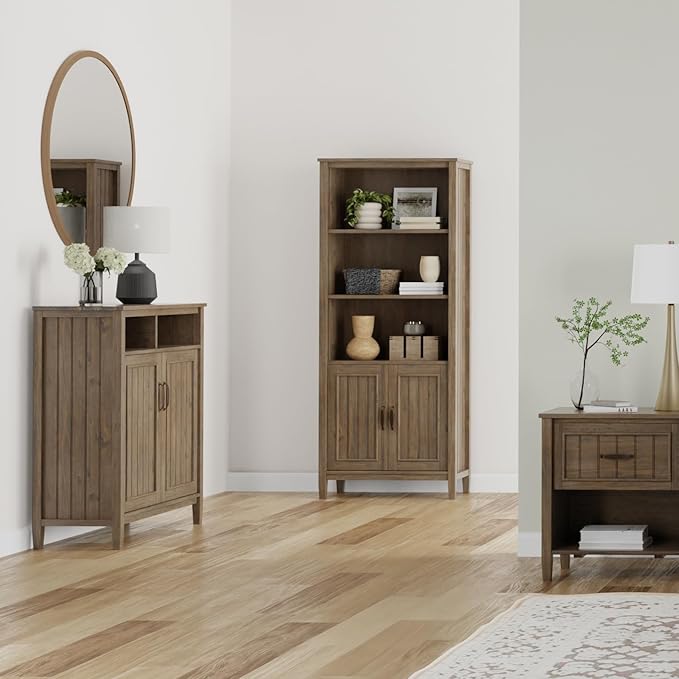 SIMPLIHOME Lev SOLID WOOD 39 Inch Wide Contemporary Medium Storage Cabinet in Smoky Brown, For the Living Room, Entryway and Family Room