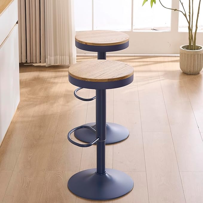Kidol & Shellder Bar Stools Set of 2 Round Adjustable Swivel Barstools Modern Backless Bar Chairs Wooden Seat Counter Height Stools Armless for Kitchen Island, Cafe, Dining Room Blue