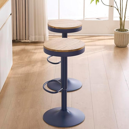 Kidol & Shellder Bar Stools Set of 2 Round Adjustable Swivel Barstools Modern Backless Bar Chairs Wooden Seat Counter Height Stools Armless for Kitchen Island, Cafe, Dining Room Blue