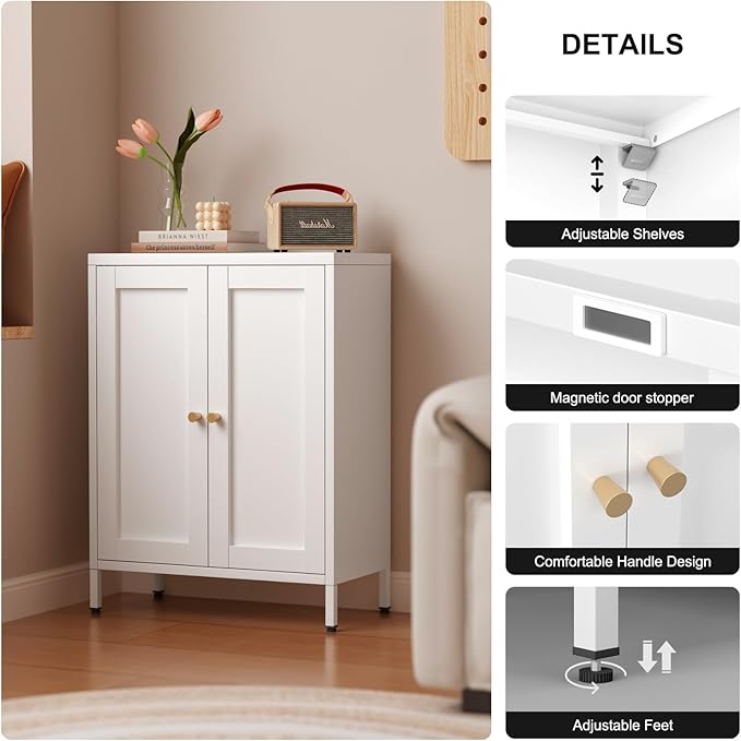 Metal Bathroom Floor Storage Cabinet,Small Storage Sideboard with 2 Doors and 2 Adjustable Shelves, 12" Small Cabinets White Freestanding Locker for Entryway,Living Room,Hallway