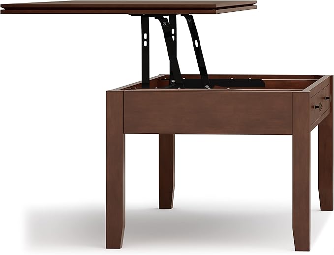 SIMPLIHOME Artisan Coffee Lift Top Table - 46 inch Wide Solid Wood Contemporary Cocktail Table in Russet Brown, Living Room with Hidden Storage Compartment, Open Shelf, and Square Knobs
