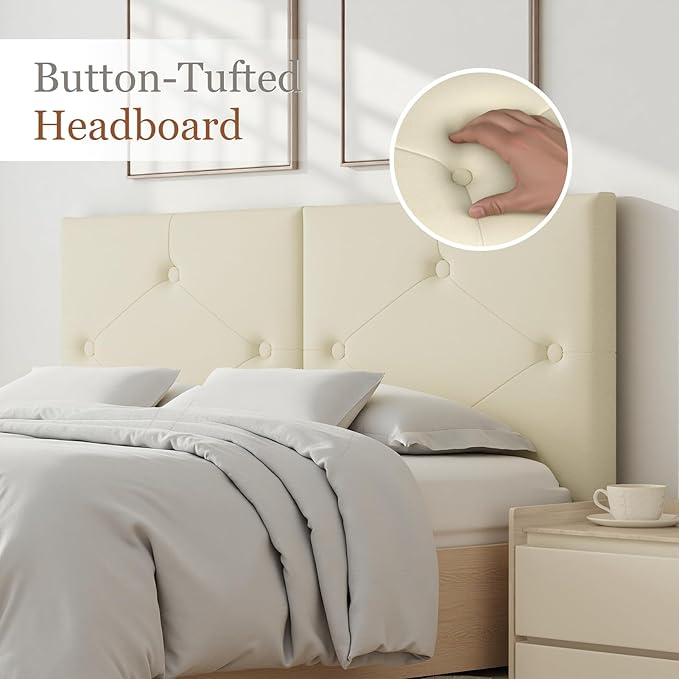 Modern Queen Headboard, Upholstered Faux Leather Bed Headboard with Solid Wood & Sturdy Metal Legs, Tufted Adjustable Height Headboards in Button Design, Beige