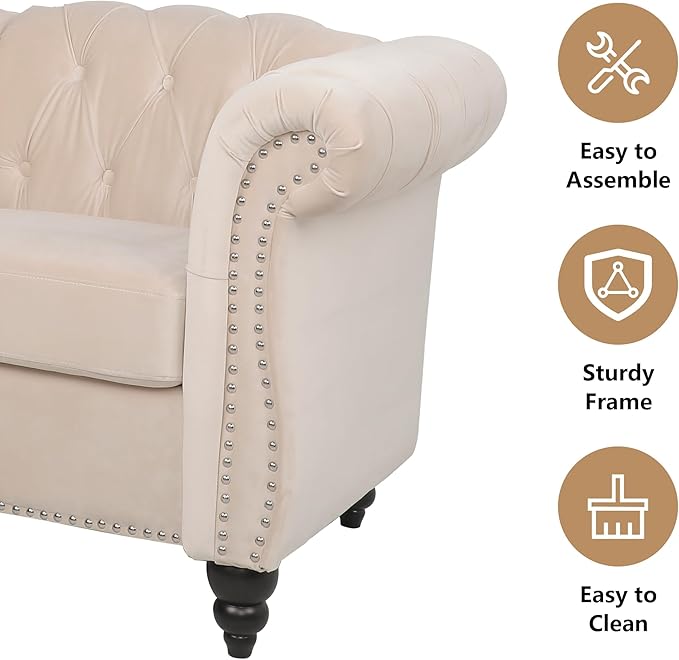 2 Piece Living Room Furniture Set, Velvet Loveseat and Chair Set, Mid Century Modern Upholstered Sofa Couch with Cushions, Comfy Tufted Chesterfield Couches for Living Room, Bedroom, Office