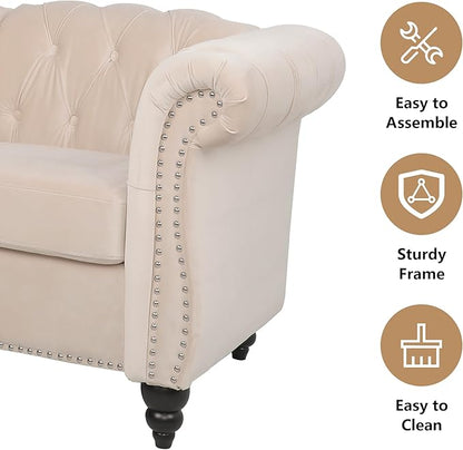 2 Piece Living Room Sofa Set, 3 Seater Velvet Sofa Couch and Chair Set, Mid Century Modern Upholstered Couch with Cushions, Comfy Tufted Chesterfield Couches for Living Room, Bedroom, Office