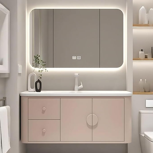 40IN Pink Modern Bathroom Vanity - Bathroom Vanities Set with 2 Drawers Wall Mounted | Rounded Corner Smart Defogging Mirror Cabinet with Lighting & Time Display, Side Opening Storage Shelf (Style A)