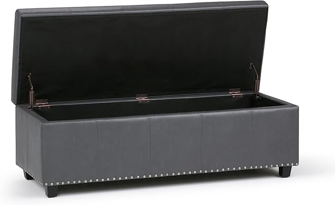 SIMPLIHOME Kingsley 48 inch Wide Transitional Rectangle Large Storage Ottoman in Stone Grey Vegan Faux Leather, Assembled, For the Living Room, Entryway and Family Room