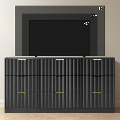 Dresser for Bedroom with 9 Drawer, 63” Long Black Dresser Modern Chest of Drawers with Metal Handle, Wood TV Stand Storage Organizer for Bedroom, Living Room, Black