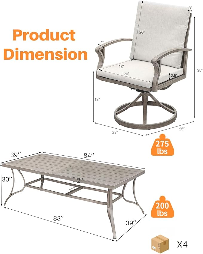 9-Piece Patio Dining Set, Aluminum Outdoor Dining Set for 8, Patio Furniture Sets with Umbrella Hole, 6 Dining Chairs, 2 Swivel Dining Chairs for Decks, Garden, Backyard, Lawn, Limed Oak