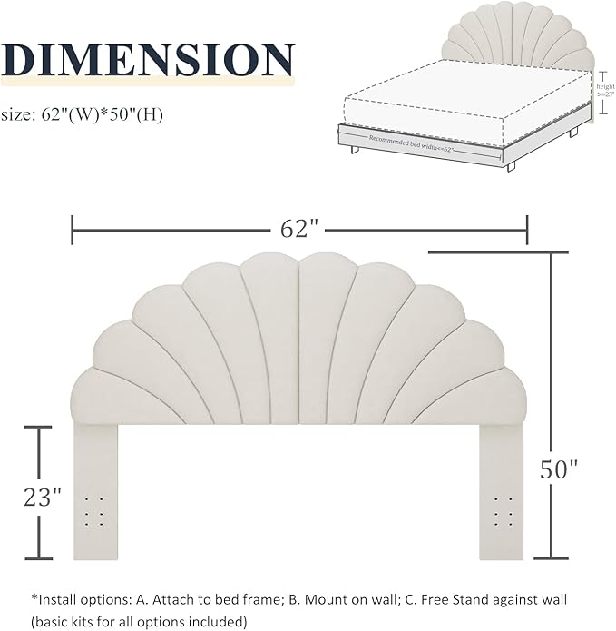 Queen Size Headboard Only, Petal Wall Mount Headboard Queen/Full Size for Adjustable Bed Velvet Upholstered Head Board Easy Assembly, Cream