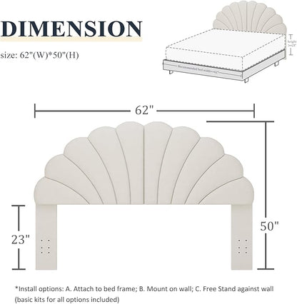 Queen Size Headboard Only, Petal Wall Mount Headboard Queen/Full Size for Adjustable Bed Velvet Upholstered Head Board Easy Assembly, Cream