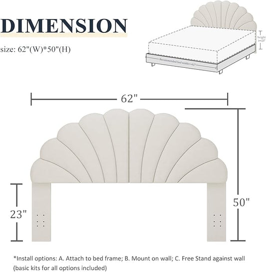 Queen Size Headboard Only, Petal Wall Mount Headboard Queen/Full Size for Adjustable Bed Velvet Upholstered Head Board Easy Assembly, Cream