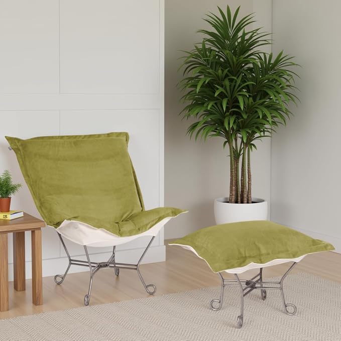 Howard Elliott Scroll Puff Rocker Seating Chair With Cover, Multipurpose Alternate Seating Butterfly Chair with Titanium Frame, Patio Furniture for Camping, Home, Indoor & Outdoor, Bella Moss