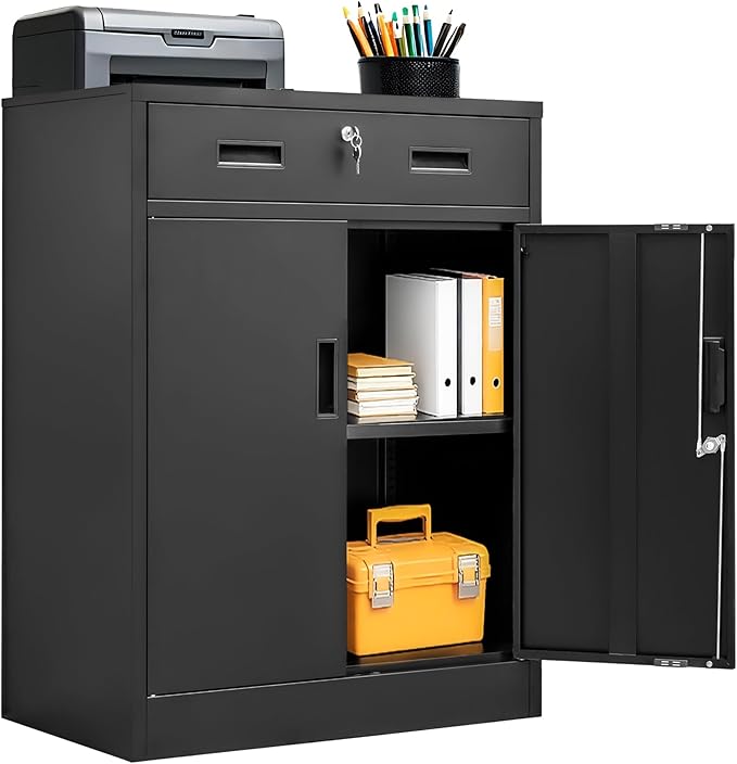 Metal Storage Cabinet, 36 Inch Tall Metal Storage Cabinet with Doors and Shelves, Pantry Cabinets with Drawer for Kitchen Storage, Garage Cabinet for Living, Dining Room, Assemble Required.
