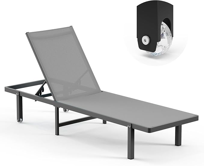 Pool Lounge Chairs, Chaise Lounge Outdoor with Wheels and 5-Position Recliner -Easy to Move- Aluminum Patio Lounge Chair for Poolside, Deck (Darkgray)