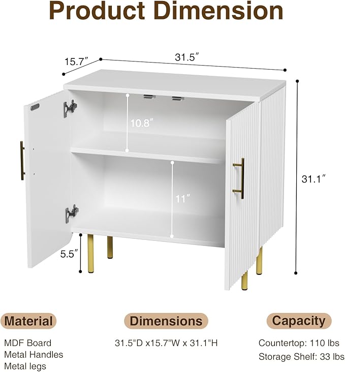 Set of 2 Fluted White Storage Cabinets, Modern 2-Door Sideboard Buffet Cabinet with Adjustable Shelves and Metal Legs, Accent Cabinet for Kitchen, Living Room, Entryway (White & Gold)