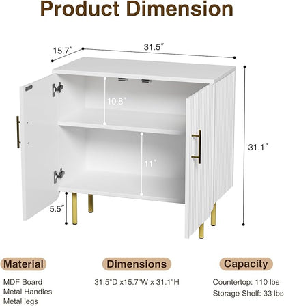 Set of 2 Fluted White Storage Cabinets, Modern 2-Door Sideboard Buffet Cabinet with Adjustable Shelves and Metal Legs, Accent Cabinet for Kitchen, Living Room, Entryway (White & Gold)