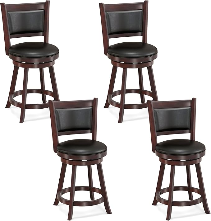 COSTWAY Bar Stools Set of 4, 360 Degree Swivel, 24" Accent Wooden Swivel Seat Counter Height Bar Stool, Leather Upholstered Design, PVC Cushioned Seat, Perfect for Dining and Living Room (Height 24")