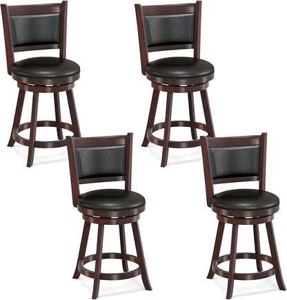 COSTWAY Bar Stools Set of 4, 360 Degree Swivel, 24" Accent Wooden Swivel Seat Counter Height Bar Stool, Leather Upholstered Design, PVC Cushioned Seat, Perfect for Dining and Living Room (Height 24")