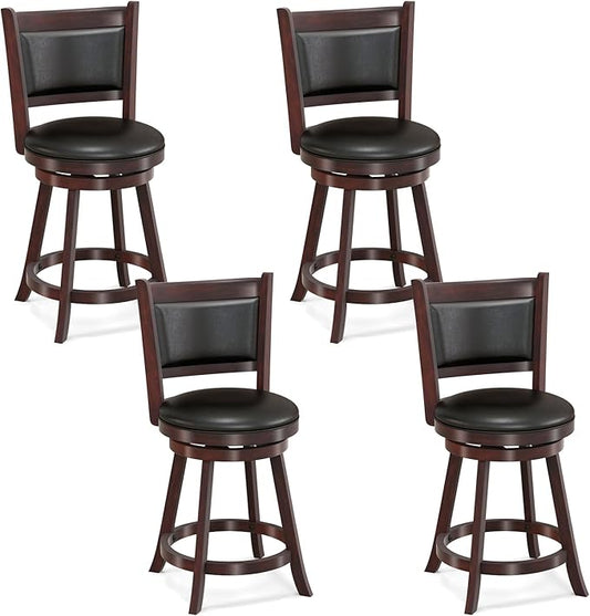 COSTWAY Bar Stools Set of 4, 360 Degree Swivel, 24" Accent Wooden Swivel Seat Counter Height Bar Stool, Leather Upholstered Design, PVC Cushioned Seat, Perfect for Dining and Living Room (Height 24")