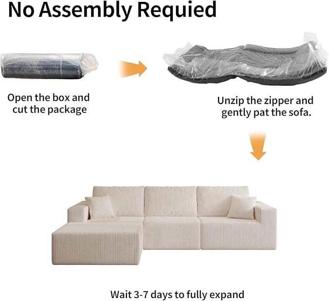 110" Boneless Cloud Sectional Couch for Living Room, Compressed Modular L-Shaped Sofa with Deep Seat, Frameless Corduroy Couch in Boxes, No Assembly Required 3-Seater (Right-Facing Chaise, Beige)