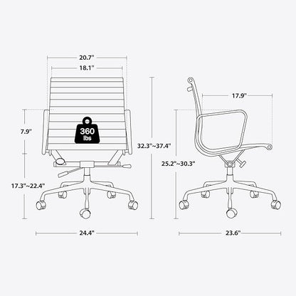 Ribbed Office Chair with Top Grain Leather - Mid Back Ergonomic Desk Chair with Aluminum Arms & Frame, Swivel Wheels & Tilt Function, Adjustable Height