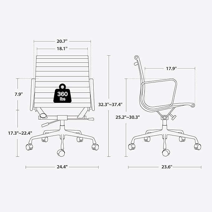 Ribbed Office Chair with Top Grain Leather - Mid Back Ergonomic Desk Chair with Aluminum Arm Rest and 5-Star Base, Swivel Chair Brown