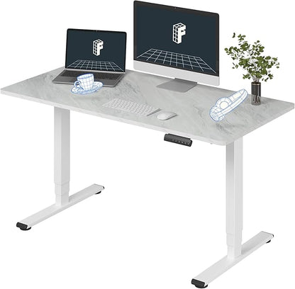 FLEXISPOT E6 3 Stages Dual Motor Electric Standing Desk 55x28 Inch Whole-Piece Board Height Adjustable Electric Sit Stand Desk（White Frame + Grey Wood Grain Desktop, 2 Packages）