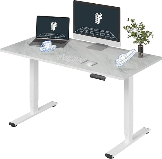 FLEXISPOT E6 3 Stages Dual Motor Electric Standing Desk 55x28 Inch Whole-Piece Board Height Adjustable Electric Sit Stand Desk（White Frame + Grey Wood Grain Desktop, 2 Packages）