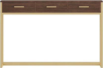 Martha Stewart Ollie Home Office Desk with 3 Drawers in Walnut Wood Grain with Polished Brass Hardware