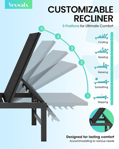 Outdoor Lounge Chairs for Pool, Aluminum Chaise Lounge Chairs with 5-Position Recliner, Patio Lounge Chair for Backyard, Poolside, Deck, Lawn, Black