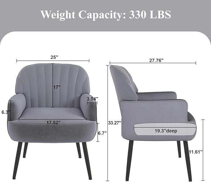 Velvet Accent Chair, Upholstered Modern Leisure Single Sofa Side Chair, Comfy Tufted Back Armchair with Metal Legs for Living Room/Bedroom/Office/Reading Room, Grey