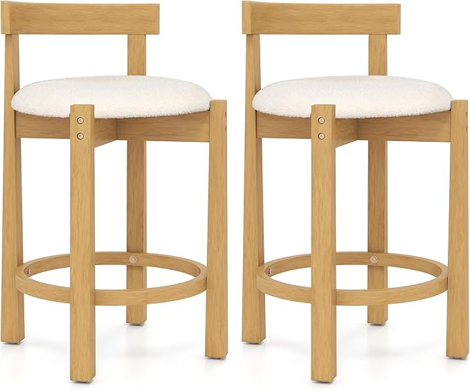 COSTWAY 24'' Counter Height Bar Stools Set of 2, Teddy Velvet Upholstered Bar Chairs with Backrests and Footrests, Wood High Barstools for Kitchen Island and Dining Room (Natural)