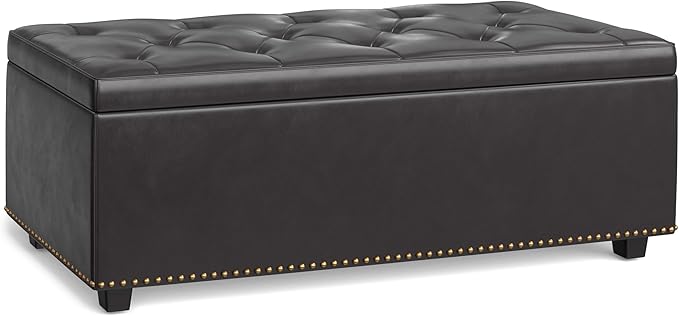SIMPLIHOME Hamilton 44 inch Wide Traditional Rectangle Lift Top Rectangular Storage Ottoman in Tanners Brown Vegan Faux Leather, Assembled, For the Living Room, Entryway and Family Room