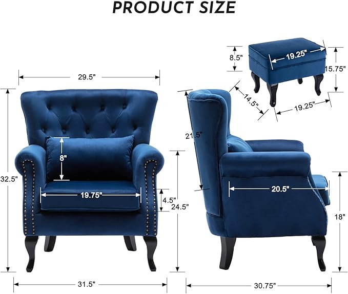 Accent Reading Arm Chairs with Ottoman Set of 2 for Living Room Bedroom, Midcentury Modern Corner Sofa Chair, Wingback Waiting Room Club Chair with Tufted Back &Lumbar Pillow, Velvet Blue