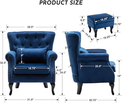 Accent Reading Arm Chairs with Ottoman Set of 2 for Living Room Bedroom, Midcentury Modern Corner Sofa Chair, Wingback Waiting Room Club Chair with Tufted Back &Lumbar Pillow, Velvet Blue