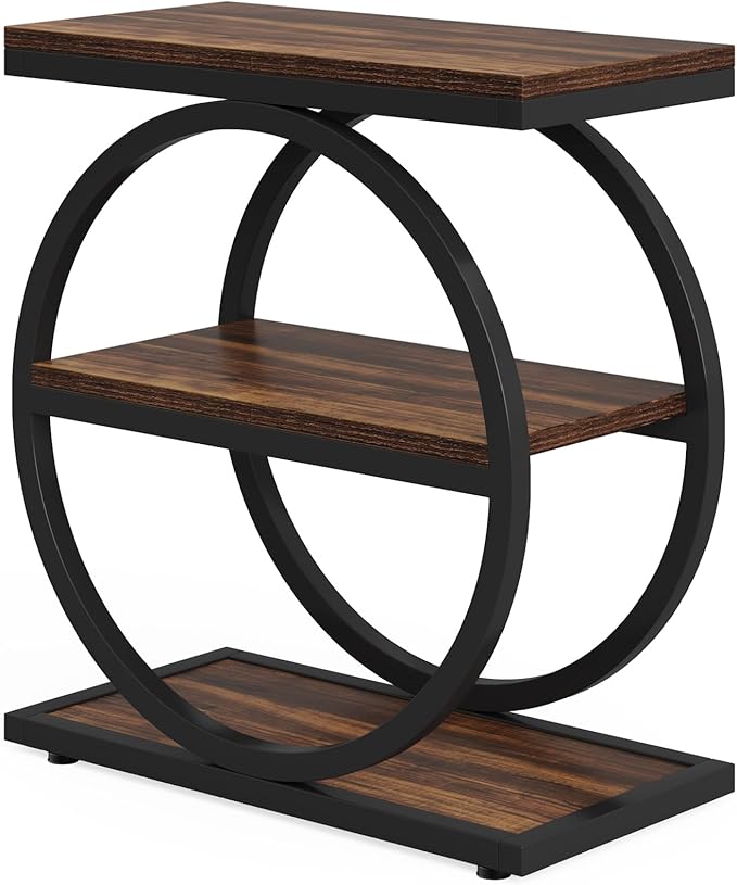 LITTLE TREE 3-Tier End Table, Industrial Side Table with Storage Shelves, Small Sofa Side Table for Living Room, Wooden Side End Table with Double Round Metal Legs