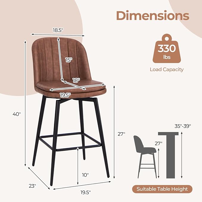 COSTWAY Bar Stool Set of 4, 27 Inch Swivel Counter Height Chair with Padded Seat, Metal Legs & Footrest, PU Leather Bar Chair for Kitchen Island (4)