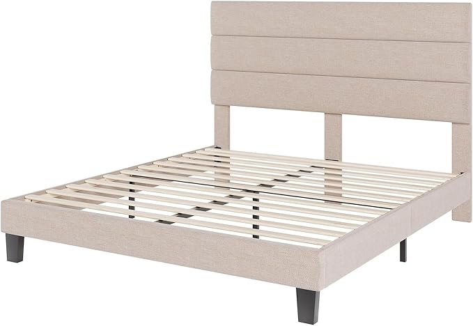 AMERLIFE Full Bed Frame with Linen Upholstered Headboard, Modern Platform Bed with Wooden Slats Support, Noise-Free, No Box Spring Needed, Easy Assembly, Beige