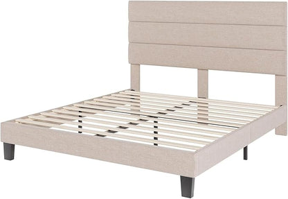 AMERLIFE Full Bed Frame with Linen Upholstered Headboard, Modern Platform Bed with Wooden Slats Support, Noise-Free, No Box Spring Needed, Easy Assembly, Beige