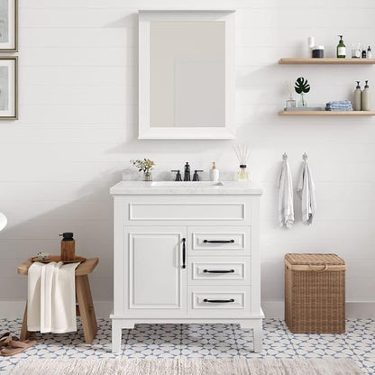 Hanover 31 Set Includes w, White Lanesboro 31'' Vanity Sink Combo for Bathroom, Powder Room | Pre-Assembled 1 Door, 3 Drawers | Accent Mirror | Artificial Stone Countertop, Cabinet, 31 inches