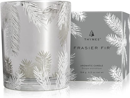 Thymes Frasier Fir Candle – Pine Needle Design – Holiday Scented Candle – Notes of Crisp Siberian Fir, Cedarwood & Sandalwood – Luxury Home Fragrance Gifts for Women & Men – Silver (Statement, 6.5 oz)